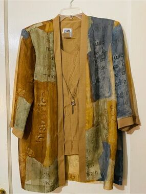 Vintage Patchwork Open-Front Blouse with tankini in Mustard & Blue. Size 10.
